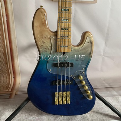 Burl Top Jazz Bass Electric Guitar 4 String Blue Natural Fade Flamed Neck Active