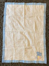 Vintage Cuddle Time Baby Blanket Bear Building Blocks Applique White Blue Trim