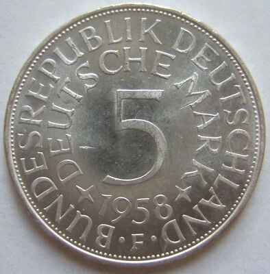 Münze BRD Silberadler 5 Deutsche Mark 1958 F in fast Stempelglanz - Bild 1 von 2