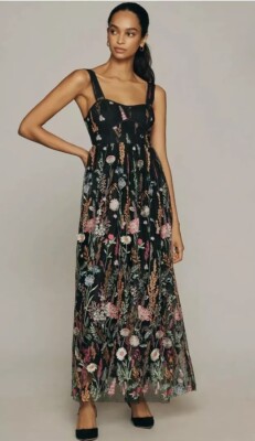sheer floral embroidered midi dress Mac Duggal Embroidered Cap Sleeve V-Neck Ankle Dress