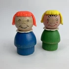 2 Vintage Fisher Price little people all wood Green girl blond hair. Blue & Red