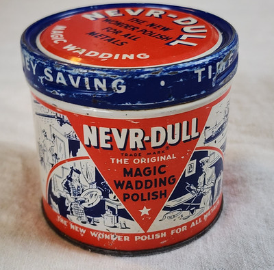 Vintage NEVR-DULL NEVER-DULL Magic Wadding Polish Tin Can .5 oz Full Nice