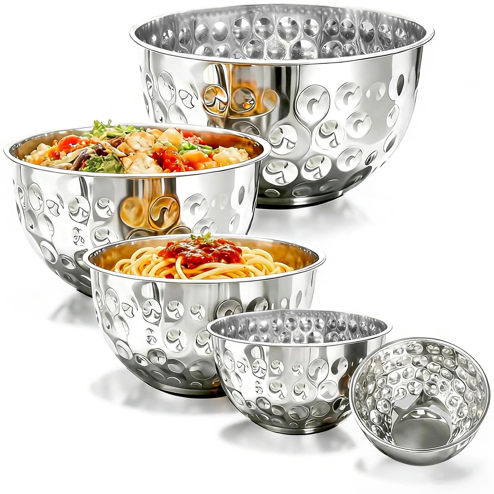 5 Piece Stainless Steel Mixing Bowls(4.9/4.2/3.2/2.1/1.6QT), Hammered Design ...