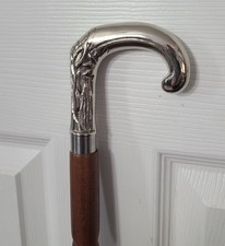 Engraved Nickle Derby Style Head Handle Sprial Wood Carved Walking Cane