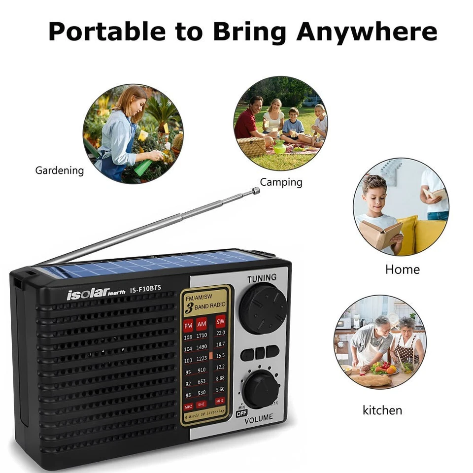 Portable FM/AM SW Radio Bluetooth Digital Speaker MP3 Player Solar Rechargeable - Image 3 of 4