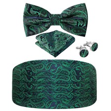 Paisley Cummerbund and Bow Tie Set Adjustable Formal Men's Green Cumberbund