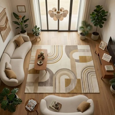 Hand Tufted Modern Geometric Rug Mustard & Taupe Abstract Wool Area Rug Carpet