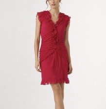 Carolina Herrera Authentic Designer Silk Chiffon Cherry Red Ruffle Midi Dress 6