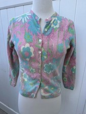 Vtg 60 s Garland Pastel Flower Floral Cardigan Sweater Angora Wool Sz S Daisy