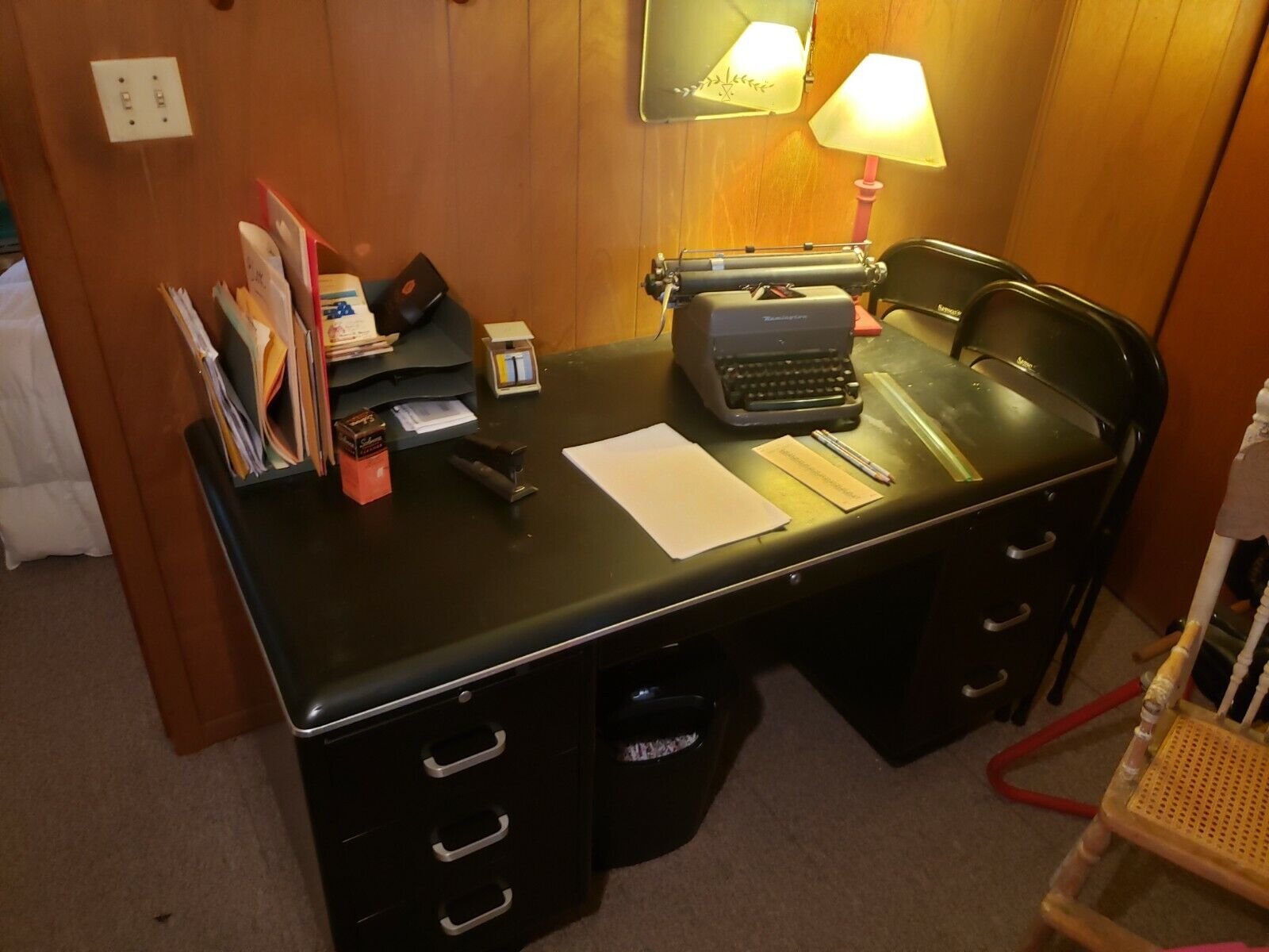 KILLER Black 3 Pc Vintage MCM Steel Tanker Desk set office suite Globe Wernicke 