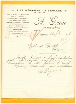 NEMOURS (77) PORZELLAN STEINGUT GLASEREI ''A LA MENAGERE / A. GOUIN'' 1928