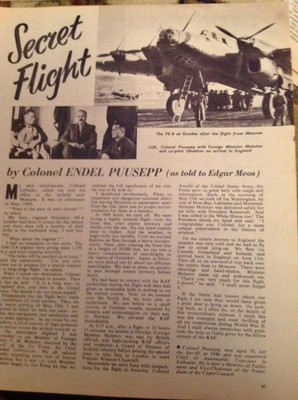 L4-3 Ephemera 1959 Artikel Oberst Endel Puusepp Pe-8 Geheimflug 1943