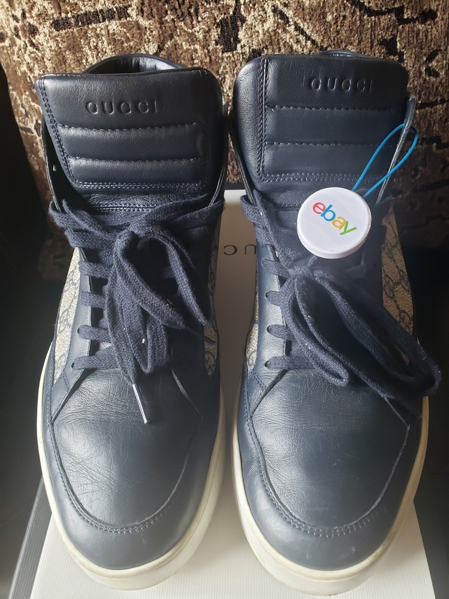 GUCCI GG Supreme Hi Top Sneaker Navy Blue & Brown Canvas Men GUCCI GG Supreme Hi Top Sneaker Navy Blue & Brown Canvas Men
