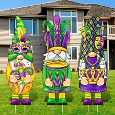 3 Pcs Mardi Gras Yard Sign Gnome Outdoor with Stakes Gold...