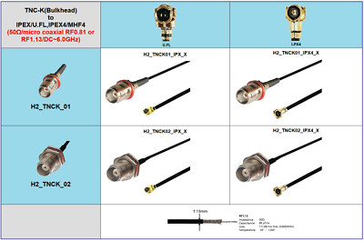 TNC Female(2 Types of Bulkhead ) to U.FL/I.PX pigtail 50  max. 1.0m max. 6GHz