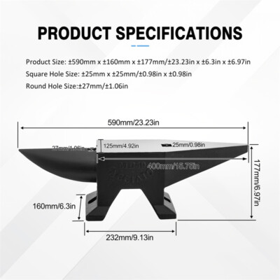 Blacksmith Anvil Steel Round Horn Anvil 88lb 400kg 2 Holes for Metal Work-Black