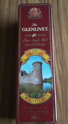 GLENLIVET 12 year old scotch hinged top collectable tin castle series. The Castl
