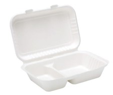 2 Compartment Bagasse Clamshell Box 9" White Compostable Takeaway Food Container