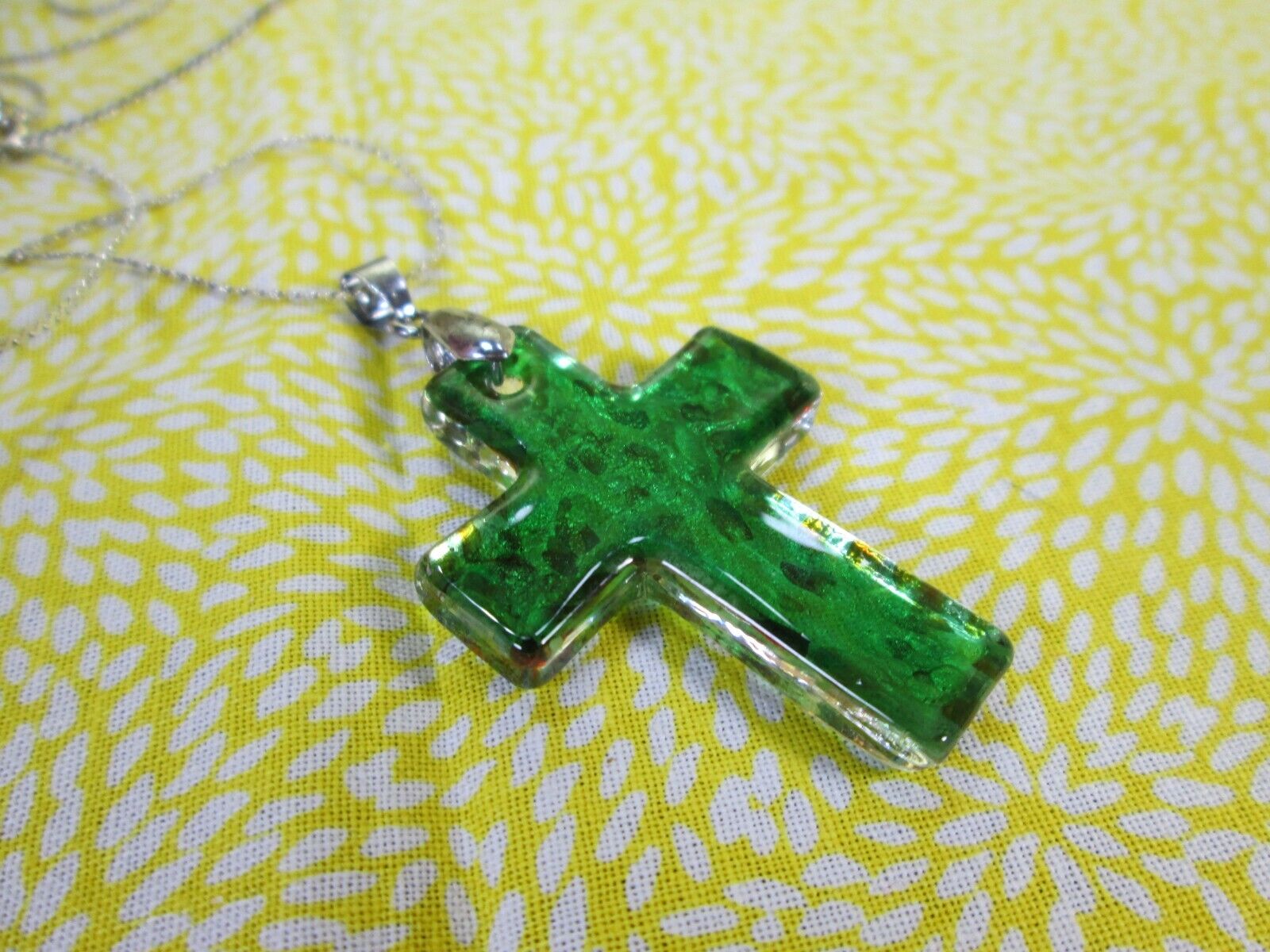 Dichroic Glass Cross Pendant w/ 18" Silver Plated… - image 12