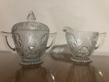 Jeanette Iris & Herringbone Clear Glass-Creamer and Sugar with lid