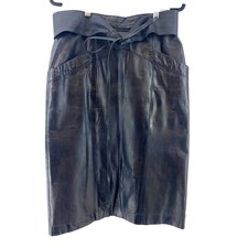 Vintage 90s Genuine Leather Paperbag Waist Midi Skirt Womens 10 Black