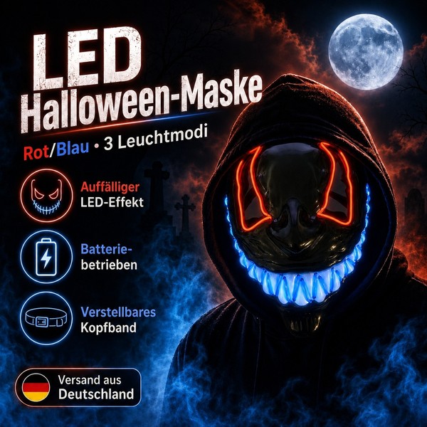 LED Halloween Maske Rot/Blau Mit 3 Leuchtmodi – Leuchtende Gruselmaske Mit Verst-image