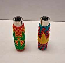 CLIPPER HAND SEWN LIGHTER COVER & LIGHTER WITH GREEN LEAF DESIGN SET OF TWO