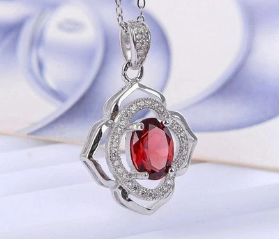 Halskette 3 kt ovaler geschliffener Heiligenschein roter Rubin Anhänger 14 K Weißgold-Finish kostenlose Kette - Bild 1 von 4