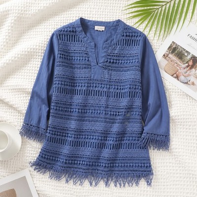 Vicki Wayne Women's Blue 3/4 Sleeve Lace Front Shirt Size M
