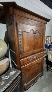 Antique French Style Wood Armoire Metal Scrollwork Lockable Drawer 89x39x27