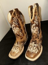 Old West Kids Tall Brown Leather Embroidered Cowboy Boots Sz 9 D Sty BSC1958