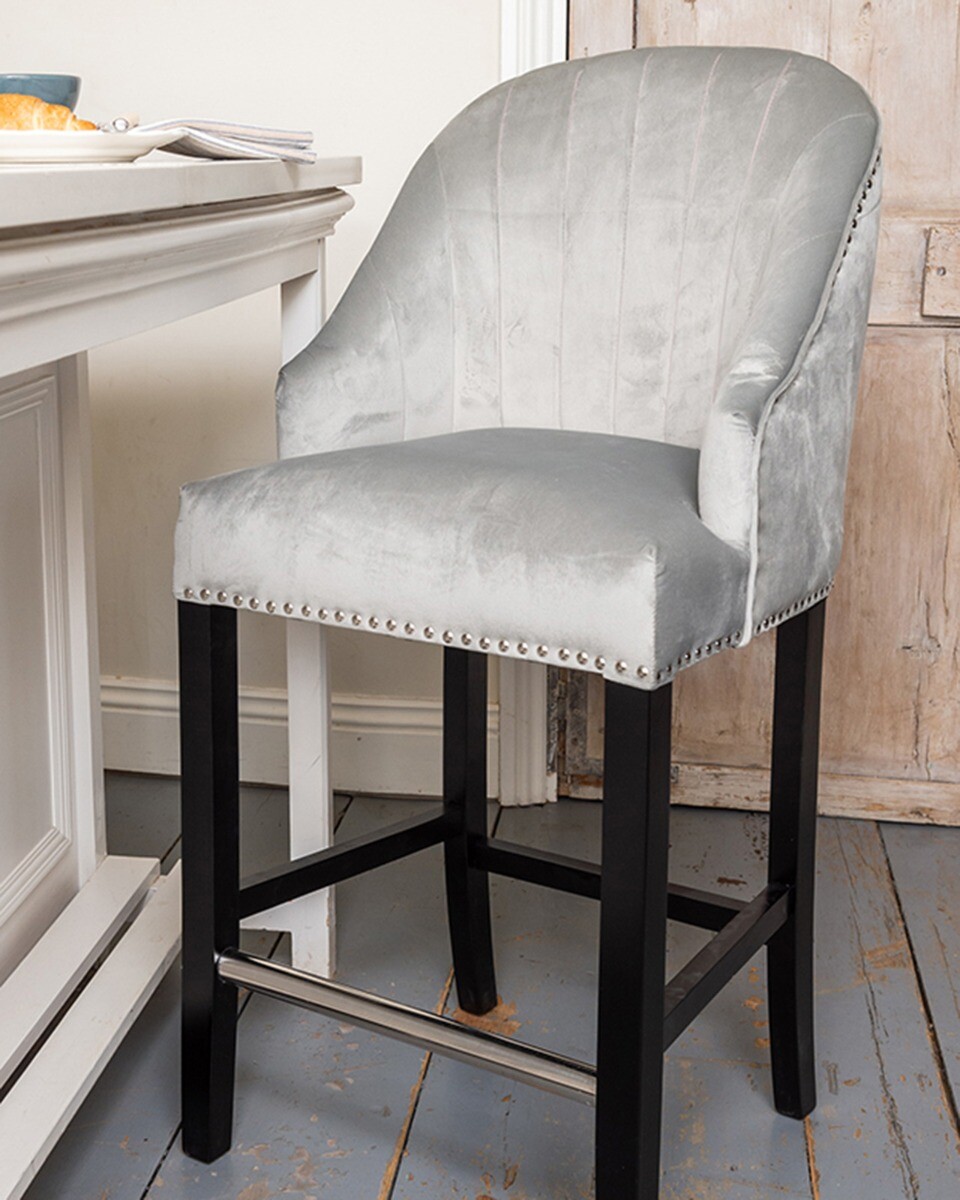 light grey velvet luxury bar stool with rounded shell back kitchen dining  breakf