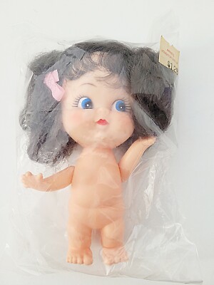 Vintage Fibre Craft Doll 5''  Brown Hair Blue Eyes Pink Bows Movable Hands & Head