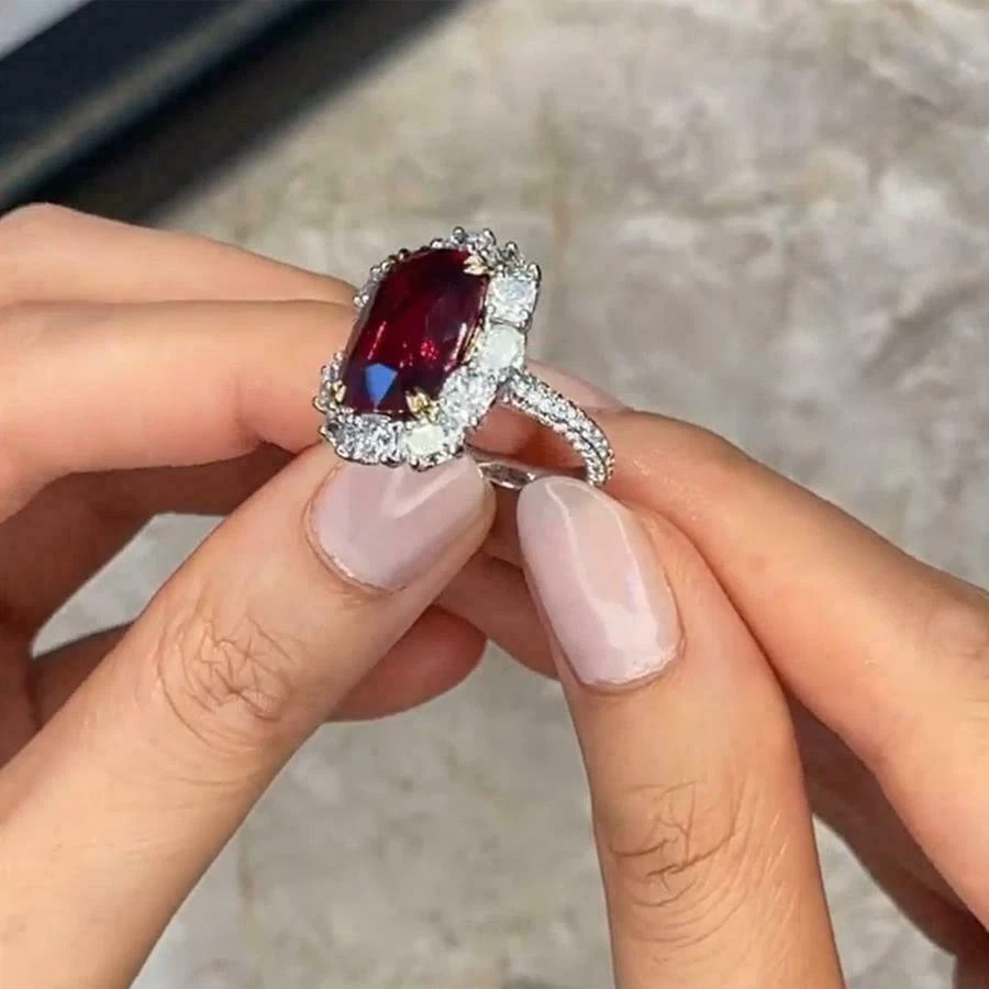 4.00Ct Cushion Cut Lab Created Ruby Women Engagement Ring 14K White Gold Finish