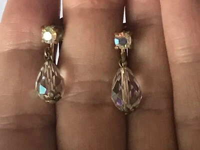 Vintage C1950s Screw On AB Crystal Glass Teardrop Drop Dangle Earrings Art Deco - Image 1 of 4