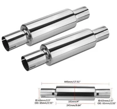 2X 63mm 2.5" Universel Silencieux D'échappement En Acier Inoxydable Ø101mm 445mm - Photo 1/4
