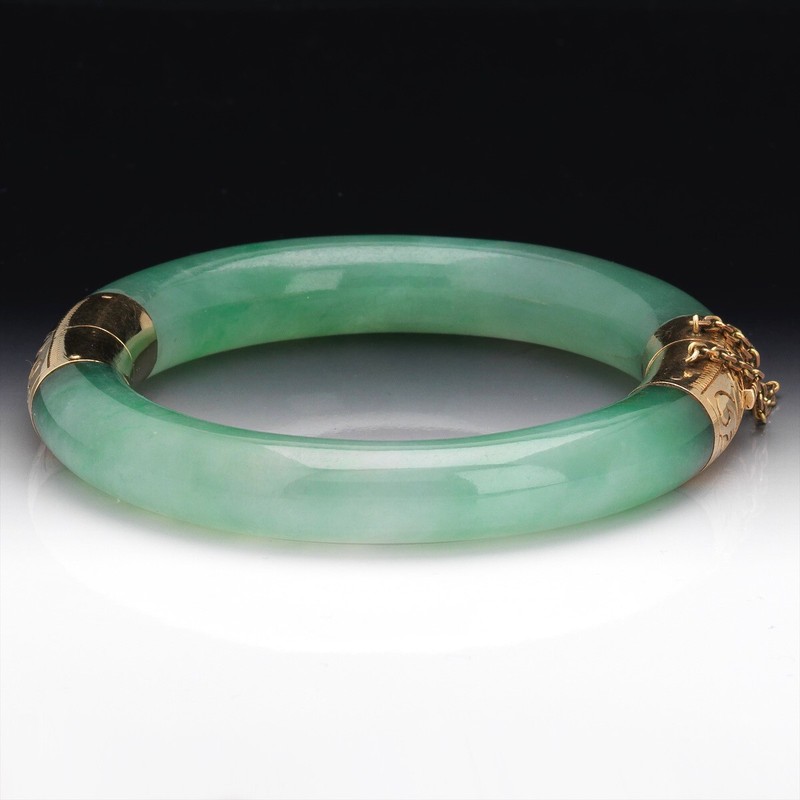 A Stunning Chinese Antique Carved Natural Jadeite and Gold Bangle Bracelet