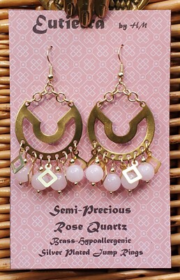 Eutierra Semi-Precious Rose Quartz Earrings Hand Crafted In USA Brass 2 3/4''