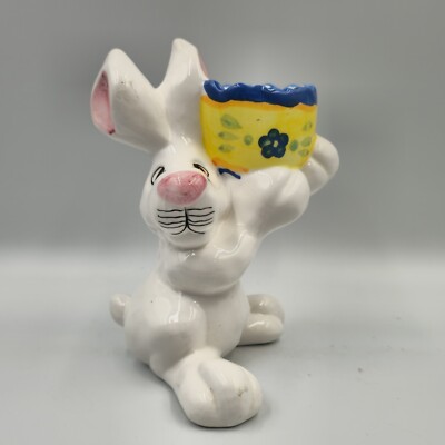 Vintage Kitschy Derpy Anthropomorphic Bunny Rabbit Egg Cup Ceramic Easter READ 