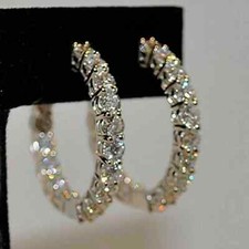 Real Moissanite 2.00 Ct Round Cut Huggie Hoop Earrings 14K White Gold Plated