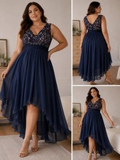 Eliza J Navy Blue Lace Bodice High-Low Chiffon Dress Size 10B105JC