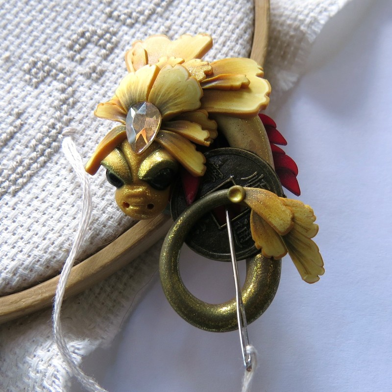 Golden Ginko Dragon, Needle Minder by Claybykim
