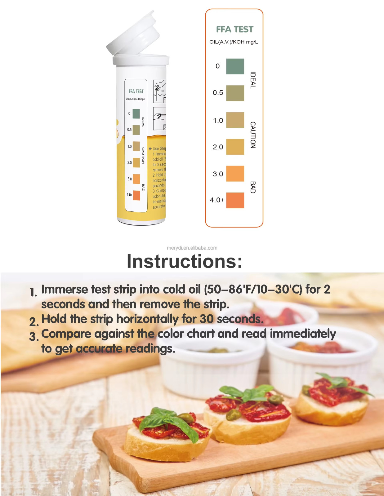 Frying Oil Quality Test Strips in Kitchens&Restos Free Fatty Acid (FFA) 0-5mg/g