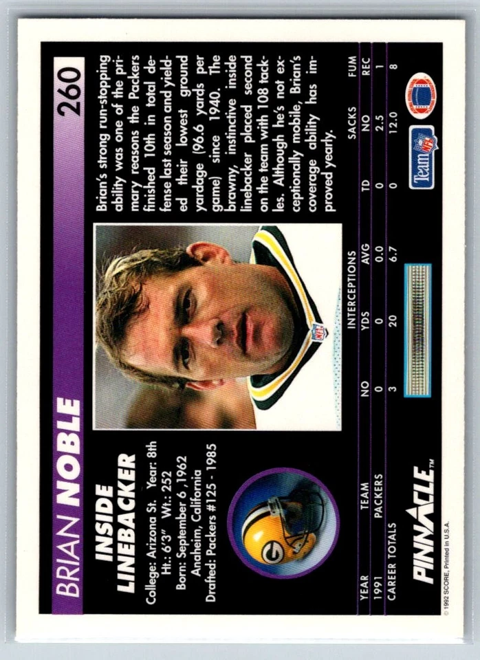 1992 Pinnacle #260 Brian Noble Green Bay Packers - Image 2 of 2