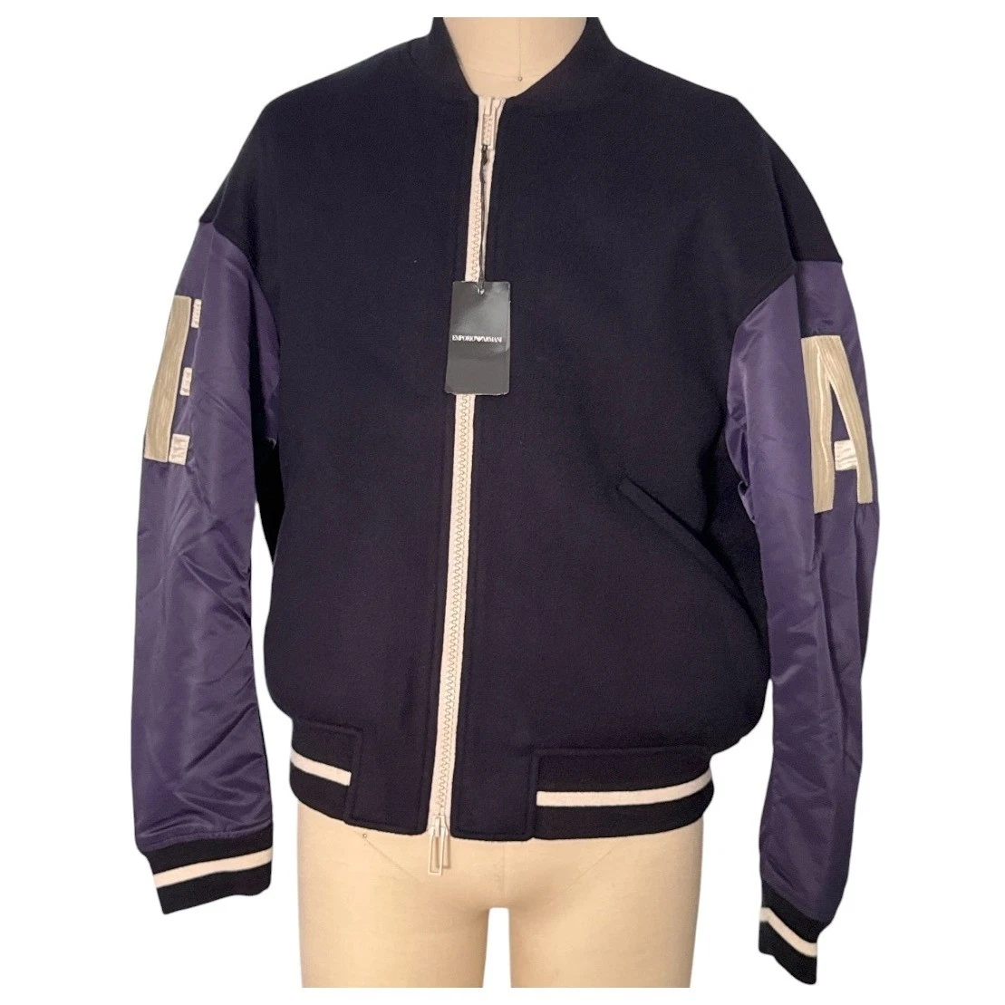 Emporio Armani Navy Blue Wool Blend Bomber Jacket Letter Patches 6L1BL8 Men IT52 - product detail image 6