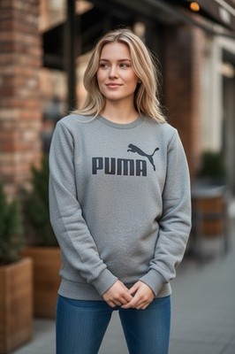 PUMA ESS Big Logo Crew Sweatshirt Gray Heather S/P Small Unisex Pullove