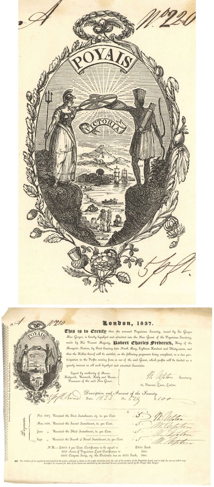 Poyaisian Certificate made by Robert Charles Frederick - 1837 dated Certificat