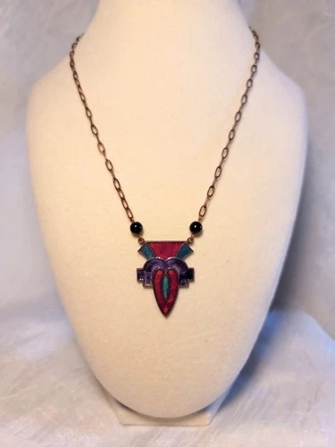 Antique Art Deco Czech Enamel Brass Necklace 1920 18inch Chain Jewelry