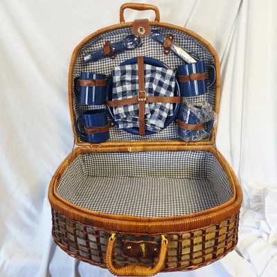 Wicker Picnic Basket 4 Person Set 10'' Plates Blue Gingham Complete