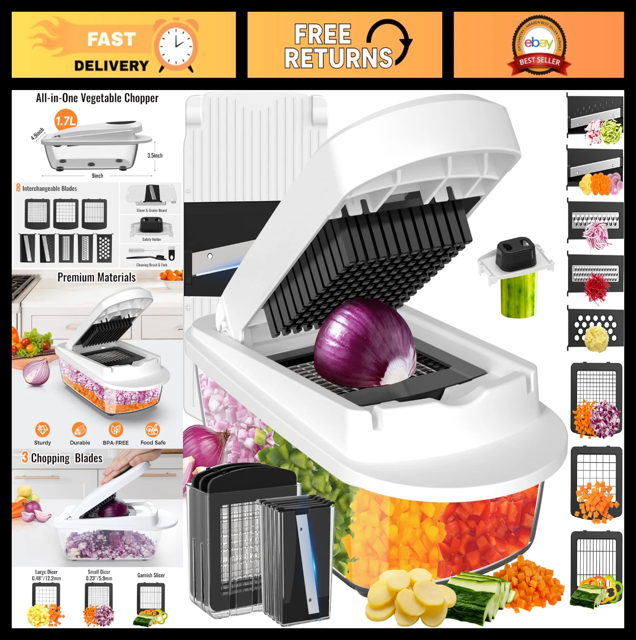 8-Blade Vegetable Chopper Mandoline Slicer with Container - Food & Onion Cutter,